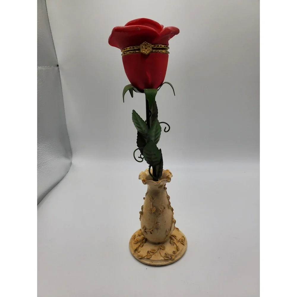 Rose In A Vase Ring Trinket Box Resin and Metal Velvety Lining 9